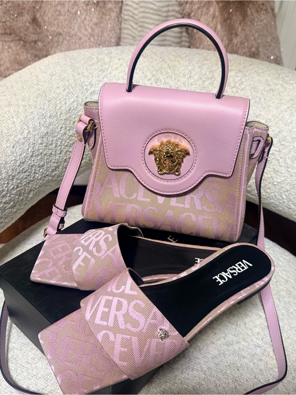 Versace Pink Logo Top-Handle Mini Bag with Matching Pink Slide Sandals  both